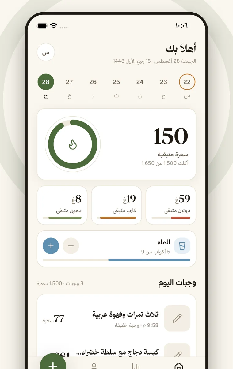 الشاشة الرئيسية: حلقة السعرات، البروتين والكارب والدهون، الماء، ووجبات اليوم